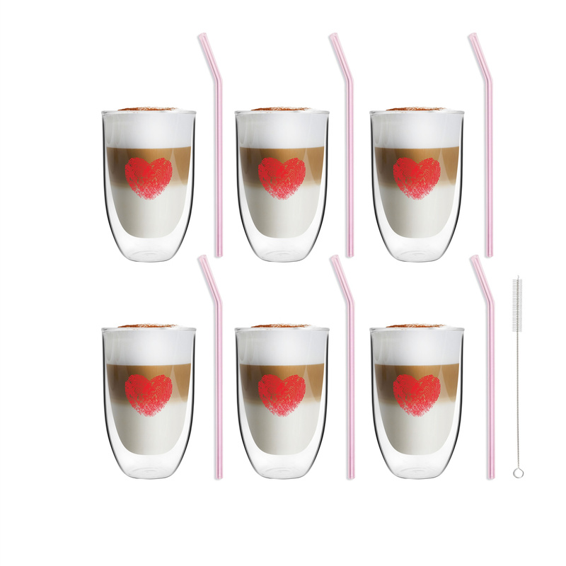Vialli Design - Zestaw 6 szklanek Vita Heart 300ml i 6 słomek szklanych 23cm różowych
