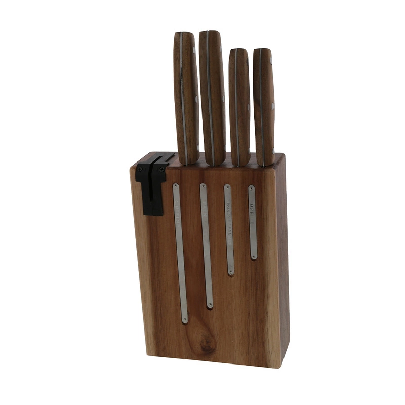 Jean Dubost - Blok z 4 nożami kuchennymi i ostrzałką - drewno akacjowe