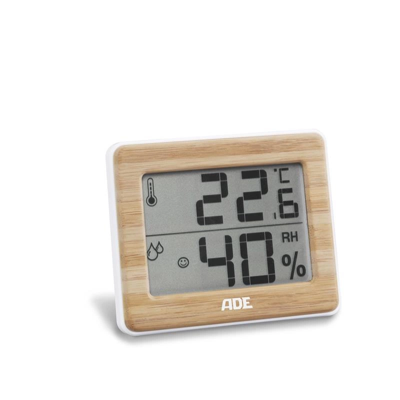 ADE - elektroniczny higrometr/termometr wewnętrzny, 10 x 8 x 1,5 cm, bambusowa rama