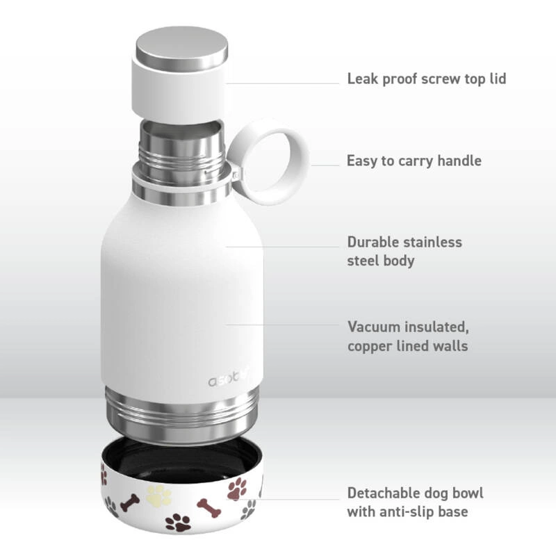 Asobu - Butelka STAINLESS z miską dla psa biała, 975ml