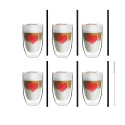 Vialli Design - Zestaw 6 szklanek Vita Heart 300ml i 6 słomek szklanych 20cm czarnych