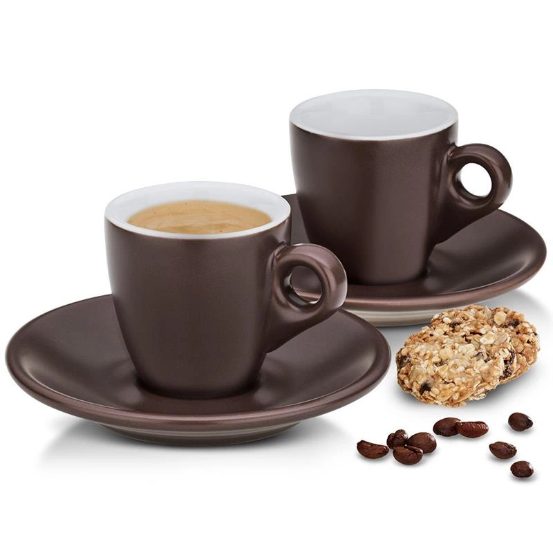 Kela - filiżanki do espresso ze spodkami, 2 szt., ceramika, 0,05 l, śred. 12 x 6,5 cm, brązowe Mattia