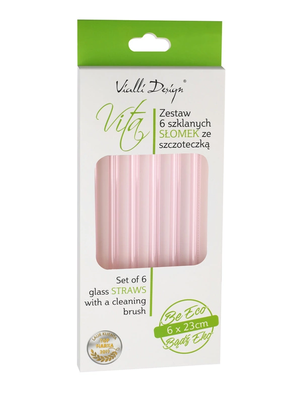 Vialli Design - Słomki szklane różowe zakrzywione 23cm zestaw 6 sztuk ze szczoteczką