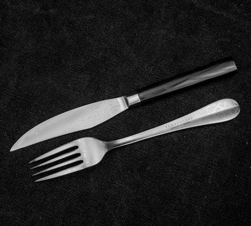 Tamahagane - Micarta Zestaw Nóż + widelec do steków