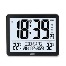 ADE - zegar elektroniczny, z kalendarzem, termometrem, higrometrem i budzikiem, 17,5 x 14 x 2,5 cm