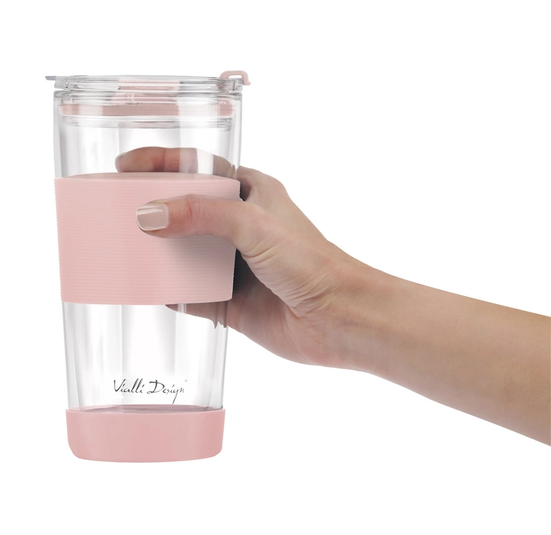 Vialli Design - Kubek termiczny szklany ze słomką 600 ml różowy Fuori