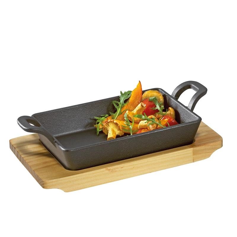 Kuchenprofi - mini brytfanna do serwowania z podstawką, 21,5 x 12,5 x 6 cm, żeliwo/drewno sosnowe