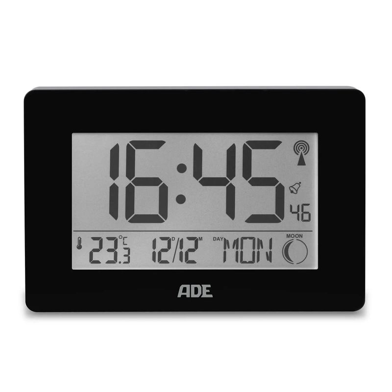 ADE - zegar elektroniczny XXL, z termometrem i budzikiem, 23 x 3 x 16 cm, czarny