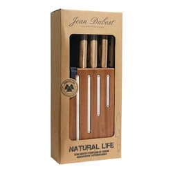 Jean Dubost - Blok z 4 nożami kuchennymi i ostrzałką - drewno akacjowe