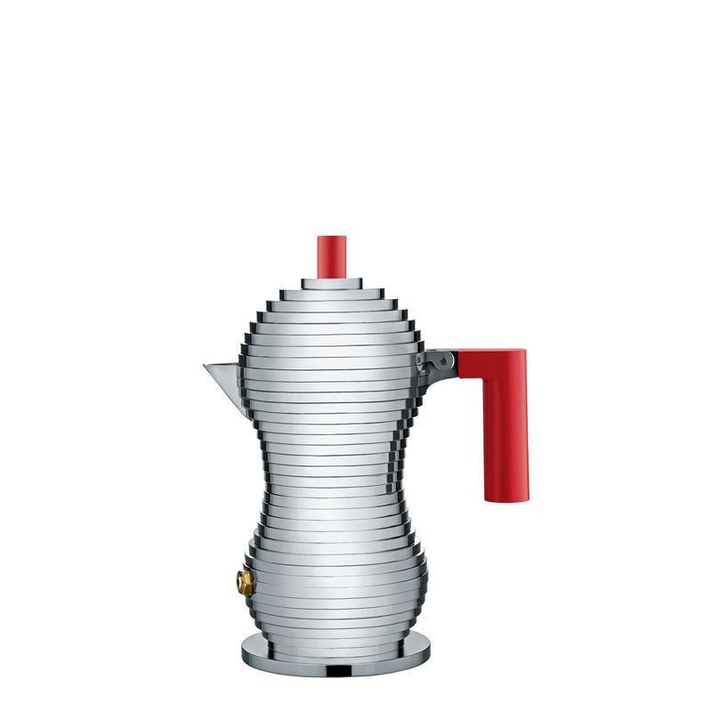Alessi - zaparzacz do kawy, ciśnieniowy, czerwone uchwyty, na indukcję, na 3 filiżanki PULCINA