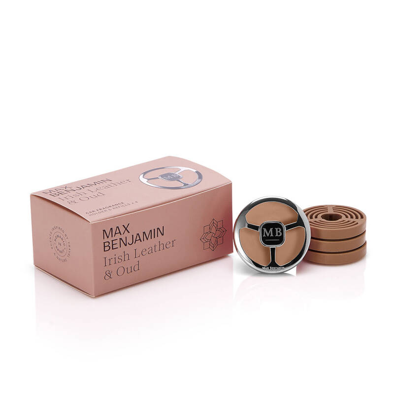 Max Benjamin - Zestaw zapachów do auta Irish Leather & Oud, uchwyt i 4 wkłady Classic