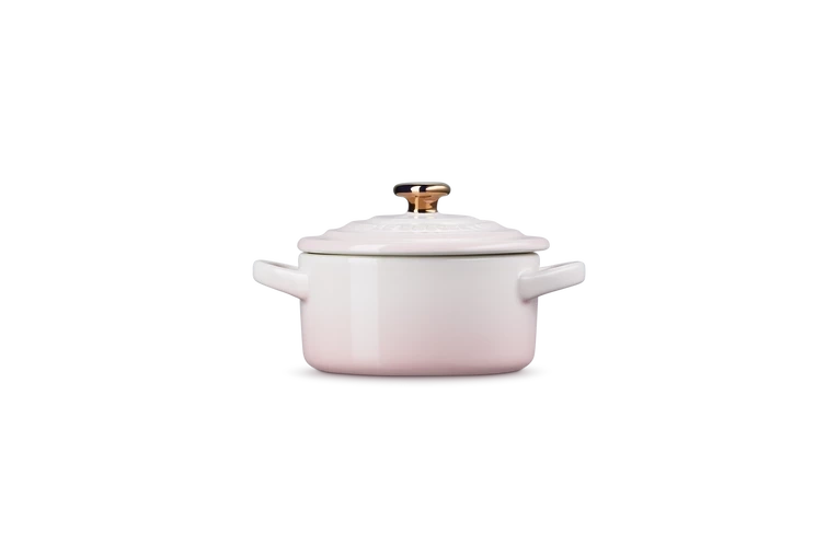 Le Creuset - Mini-Cocotte 10 cm ze złotą gałką serce Shell Pink