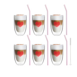 Vialli Design - Zestaw 6 szklanek Vita Heart 300ml i 6 słomek szklanych 23cm różowych