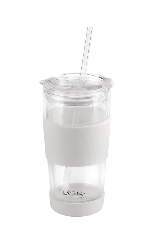 Vialli Design - Kubek termiczny szklany ze słomką 600 ml biały Fuori