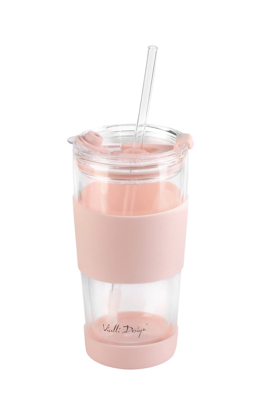 Vialli Design - Kubek termiczny szklany ze słomką 600 ml różowy Fuori