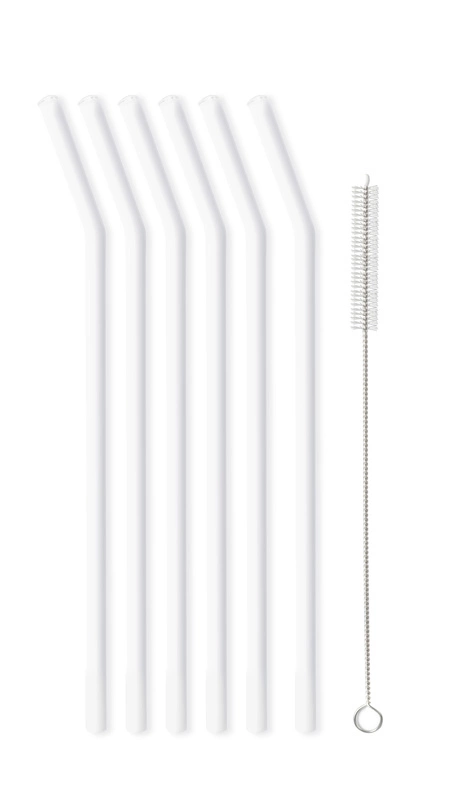 Vialli Design - Słomki szklane białe zakrzywione 23cm zestaw 6 sztuk ze szczoteczką