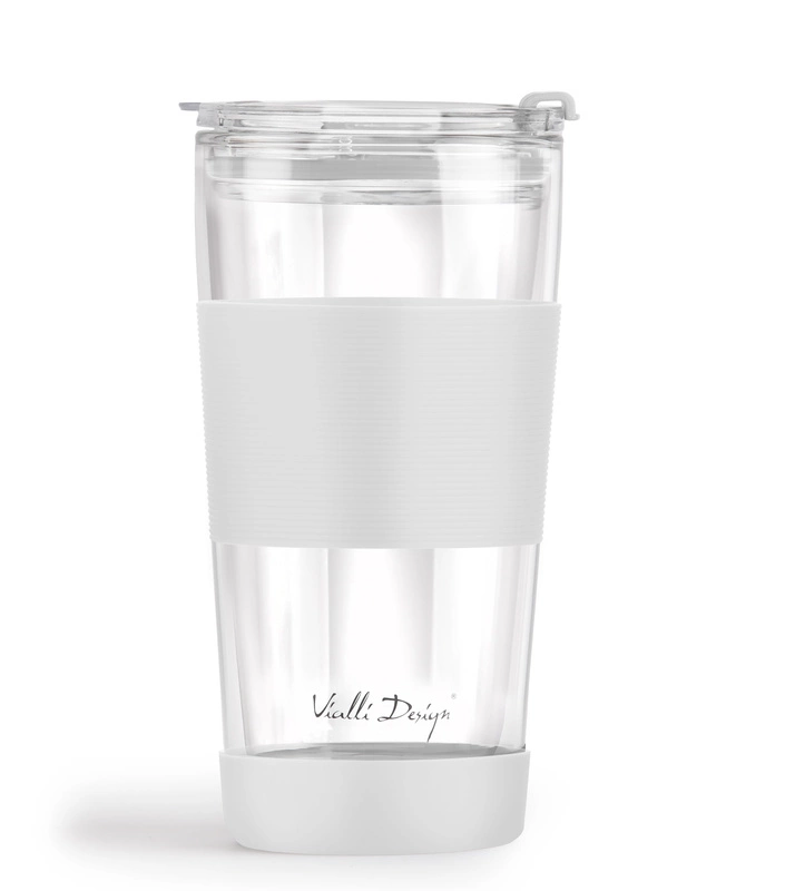 Vialli Design - Kubek termiczny szklany ze słomką 600 ml biały Fuori