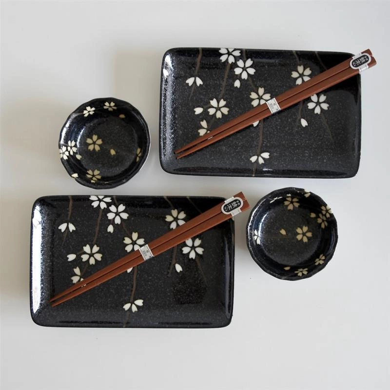Made in Japan - Zestaw do sushi czarne, białe kwiaty- MADE IN JAPAN