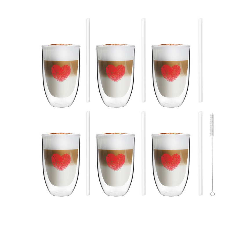 Vialli Design - Zestaw 6 szklanek Vita Heart 300ml i 6 słomek szklanych 20cm białych