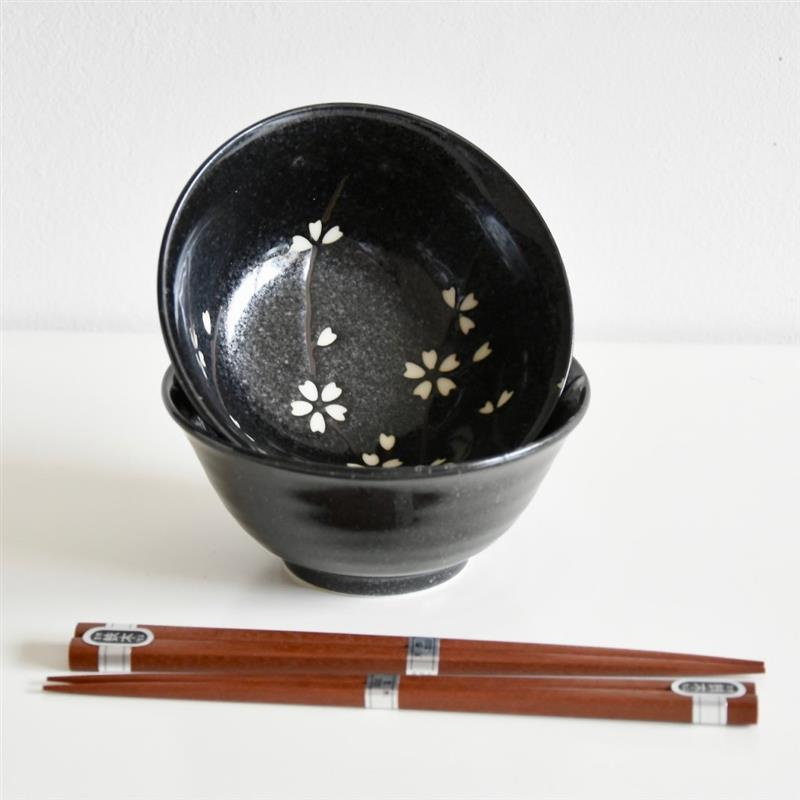 Made in Japan - Zestaw 2 miseczek czarne, białe kwiaty