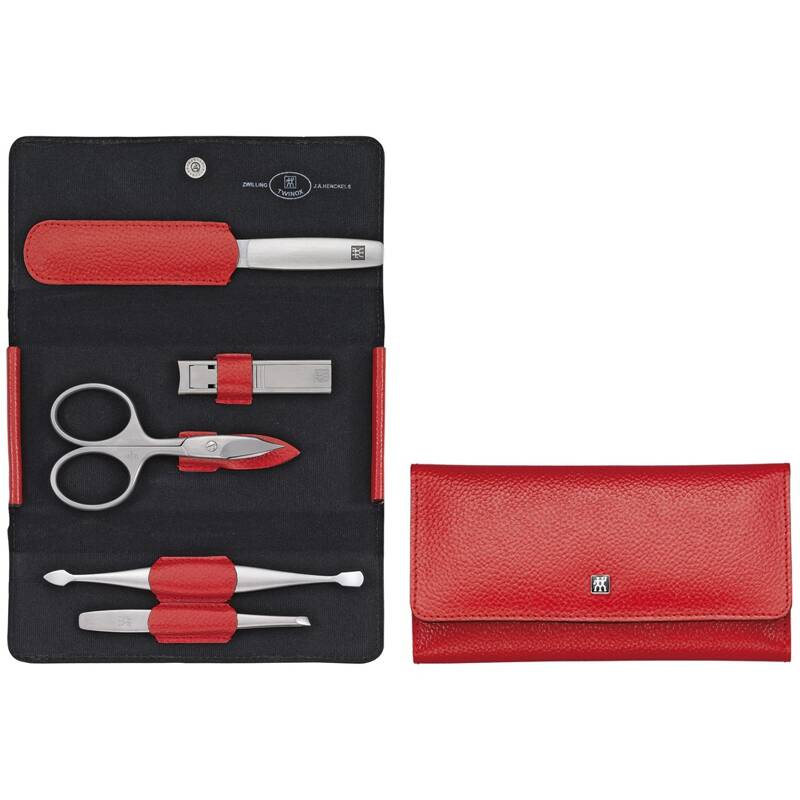 Zwilling - zestaw podróżny - czerwone skórzane etui, 5 elementów Twinox