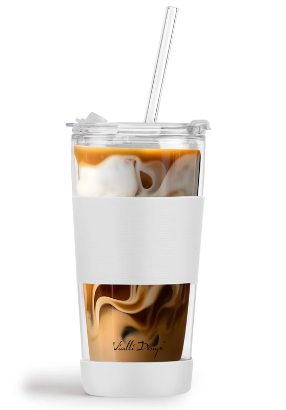 Vialli Design - Kubek termiczny szklany ze słomką 600 ml biały Fuori