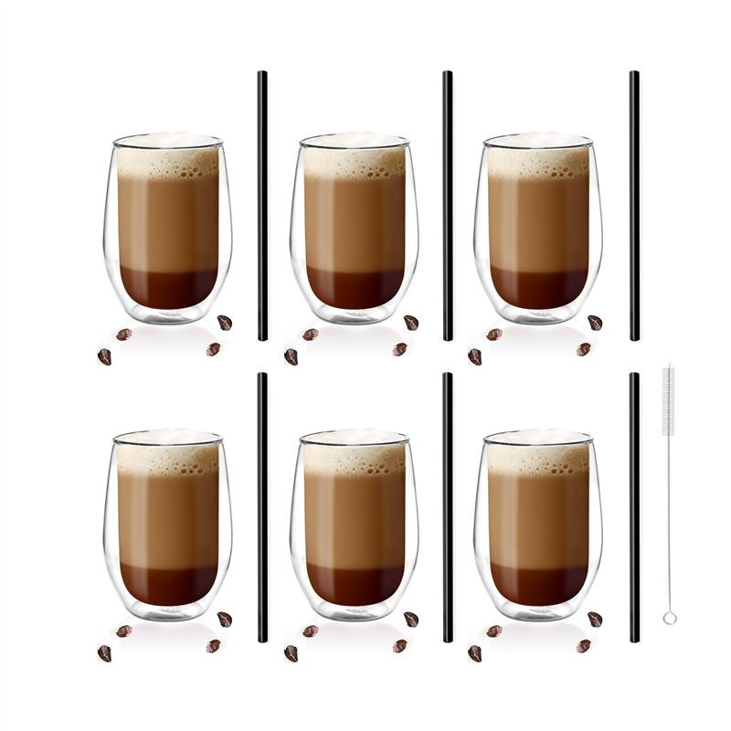 Vialli Design - Zestaw 6 szklanek Amo 400ml i 6 słomek szklanych 20cm czarnych