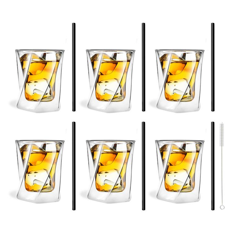 Vialli Design - Zestaw 6 szklanek do whisky 300ml i 6 słomek szklanych 20 cm czarnych