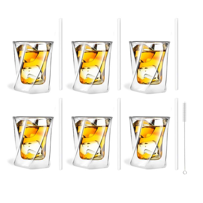 Vialli Design - Zestaw 6 szklanek do whisky 300ml i 6 słomek szklanych 20cm białych