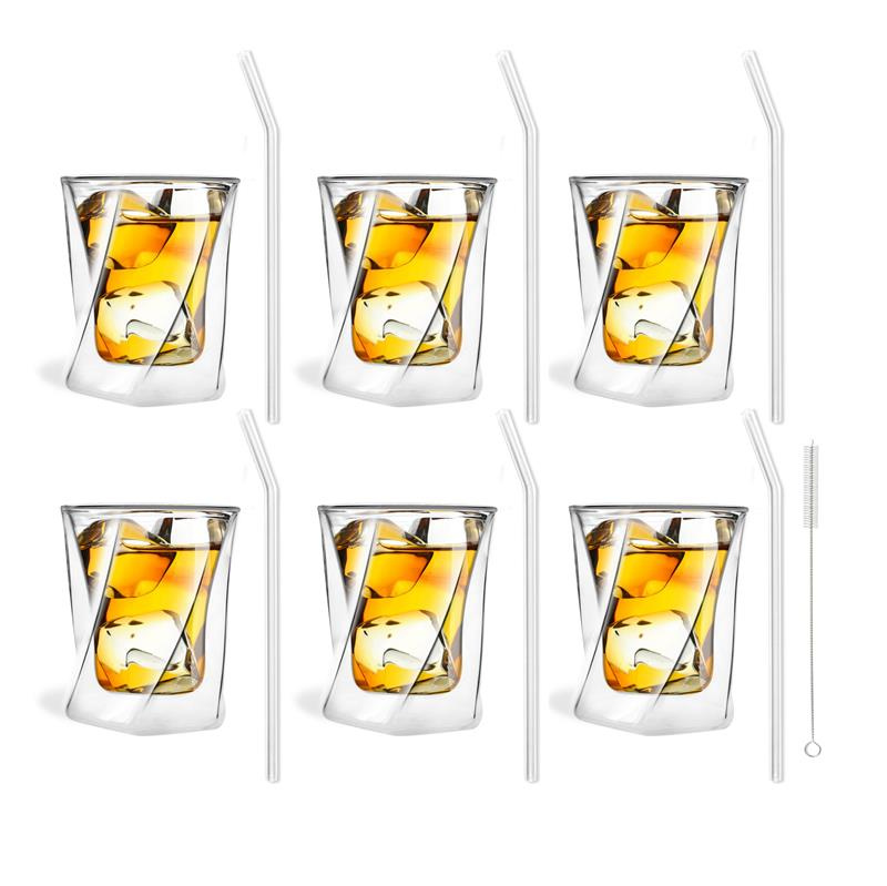 Vialli Design - Zestaw 6 szklanek do whisky 300ml i 6 słomek szklanych 23cm transparent
